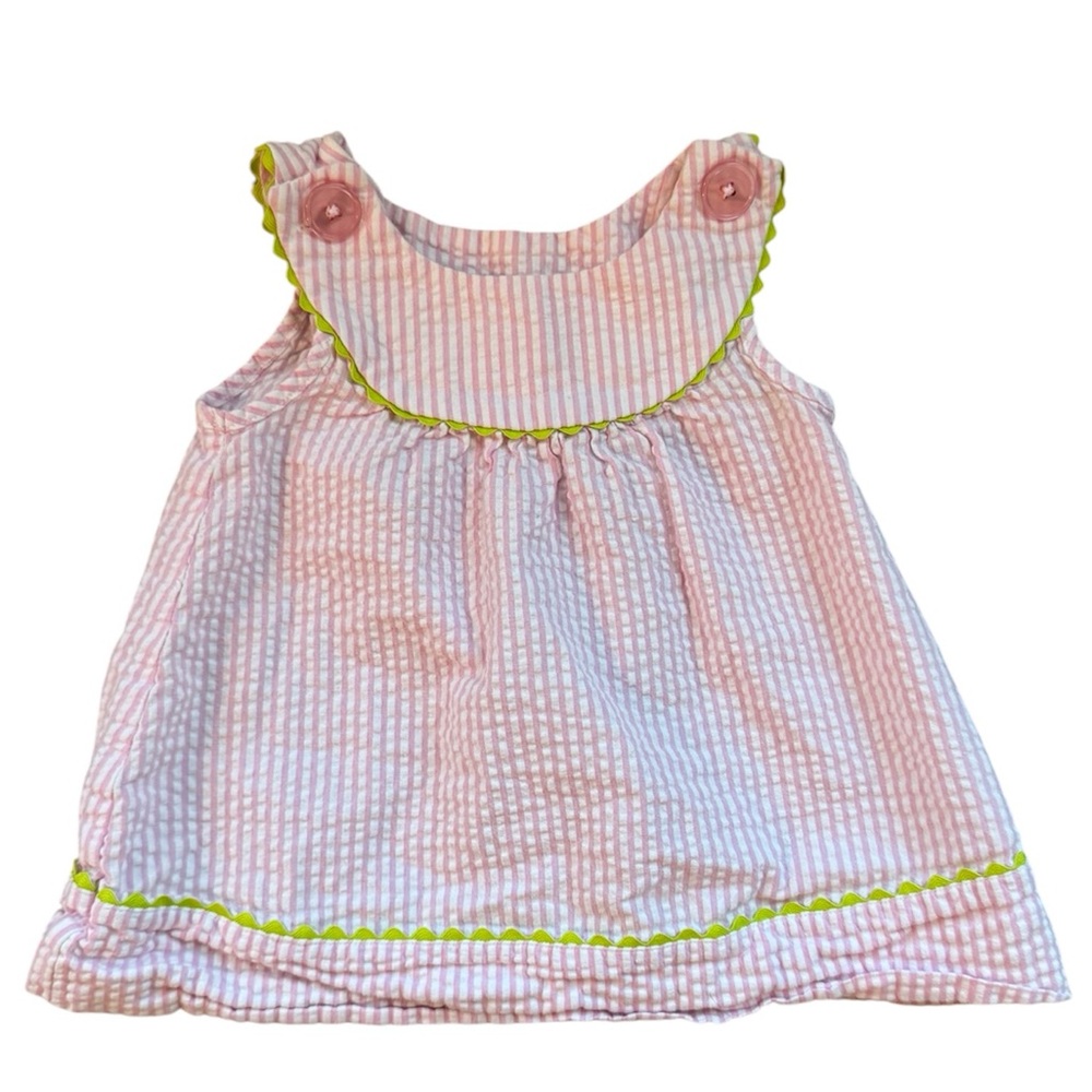 Baby Girl Pink Seersucker Dress Green Trim Button Detail Preppy Size 6-9 months